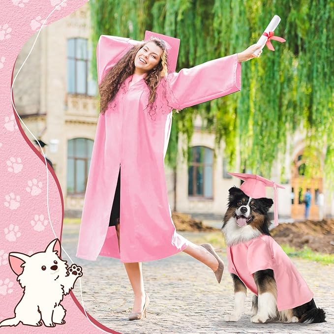 Xuniea 2 Pcs Dog Graduation Costume Set 2025 Dog Graduation Cap and Gown Puppy Hat with Tassel Matte Pet Grad Outfit Cats Grad Bear Holiday Party Costume Accessory(Pink,Large)