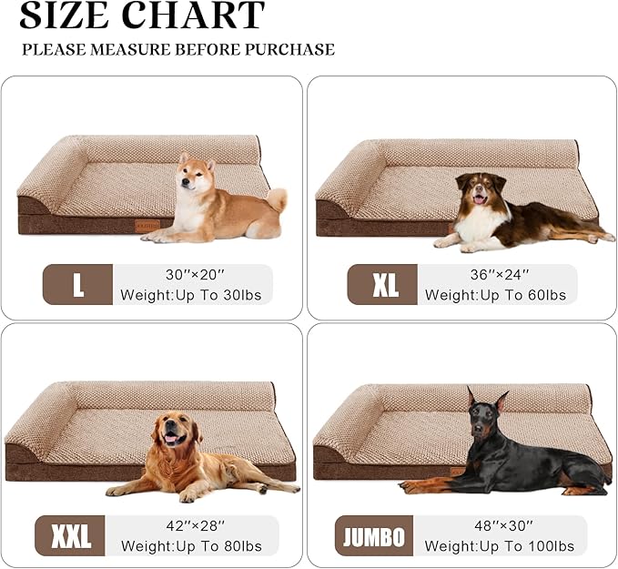Orthopedic Jacquard Dog Bed for Medium Dogs, Waterproof L Shaped Medium Pet Sofa Bed with Washable Removable Cover, Non-Slip Soft Warm Comfortable Pet Couch Sleep Mat, 30''X20'' Brown