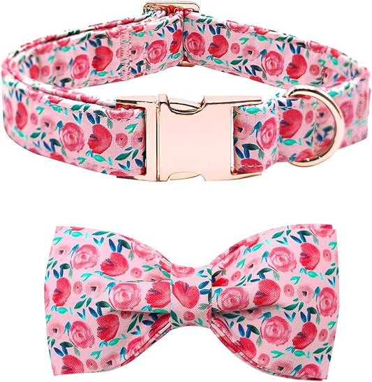 Dog Collar Pink Flowers Print Girl Cute Puppy Collar with Bow Adjustable Metal Buckle Collar Gift Collars for Medium Dogs