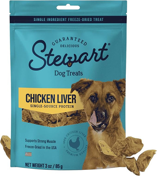 Stewart Single Ingredient Freeze Dried Raw Dog Treats, Chicken Liver, 3 Ounce Resealable Pouch, Training Treats or Meal Topper for All Size Dogs, High Protein, Grain-Free, Gluten-Free
