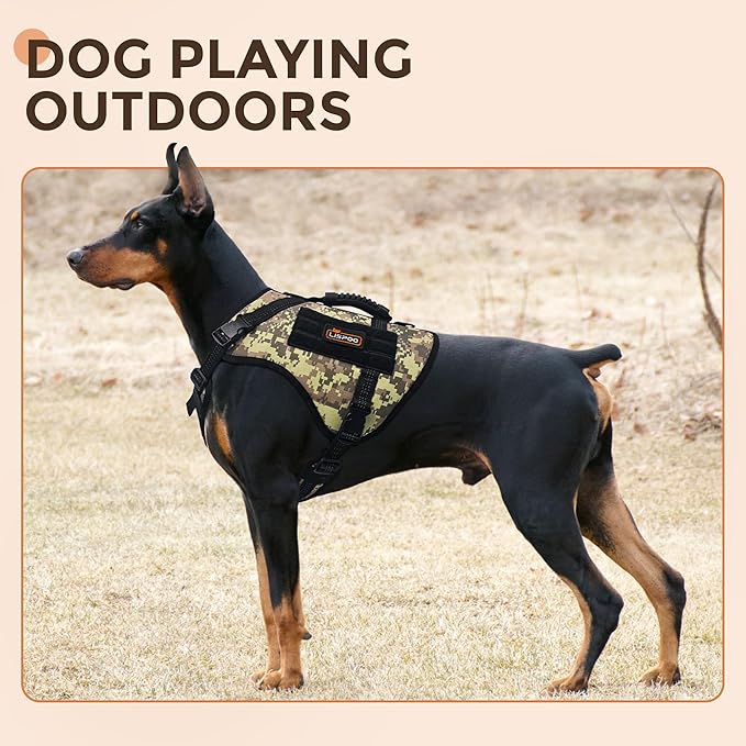 Multicam Tactical Dog Harness for Large Dogs, No Pull Adjustable Dog Harness with Water Bottle Bag and Pocket, Adjustable Reflective K9 Training Vests for Dogs for Training, Walking, Hiking L