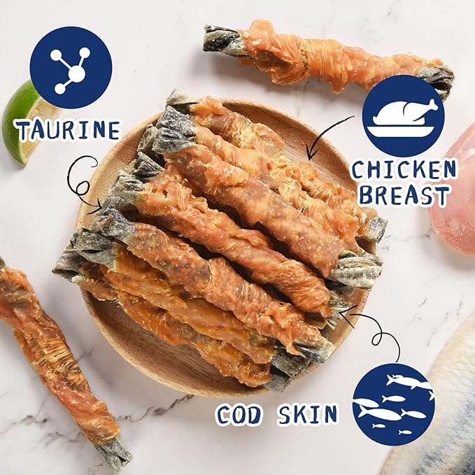 Dog Treat Chicken Wrapped Cod Skins, Training Treat for Small Dog, Healthy Chews w/Taurine, High Protein and Omega3, 12.5 oz