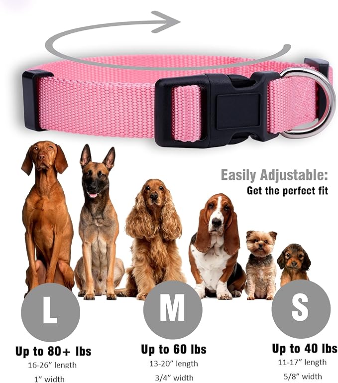 Native Pup Basic Nylon Dog Collar, Adjustable for Small, Medium, Large pet and Puppies Accessories, Cute Colors for Male, Female, boy, Girl, Puppy (Medium, Pink)