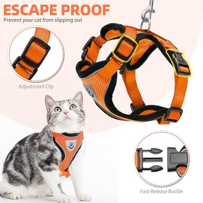 PUPTECK Cat Harness and Leash Set Escape Proof Reflective Cat Walking Harness Adjustable Soft Breathable Mesh Vest for Small Pets, Orange, M