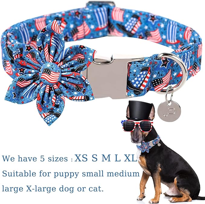 Patriotic Dog Collar with Bow Tie, 4th of July Flower Dog Collar, American Flag Collar for X-Large Boy Girl Dog, Comfortable Summer Flower Collar with Metal Buckle, XL