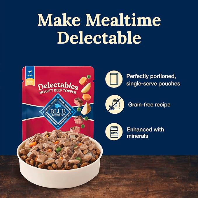 Blue Buffalo Delectables Natural Wet Dog Food Toppers, Hearty Beef Cuts in Gravy, 3-oz (24 Pouches)