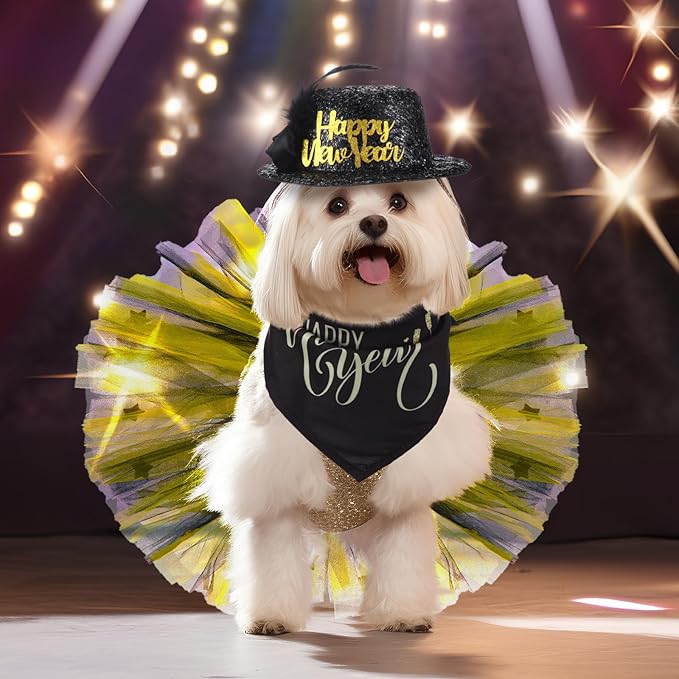 Suhine 3 Pieces Happy New Year Costume Dog Outfit Accessories Includes Pet Hat, Triangle Dog Bandana and Tulle Tutu Skirt for Medium Large Pets New Year Costume Supplies