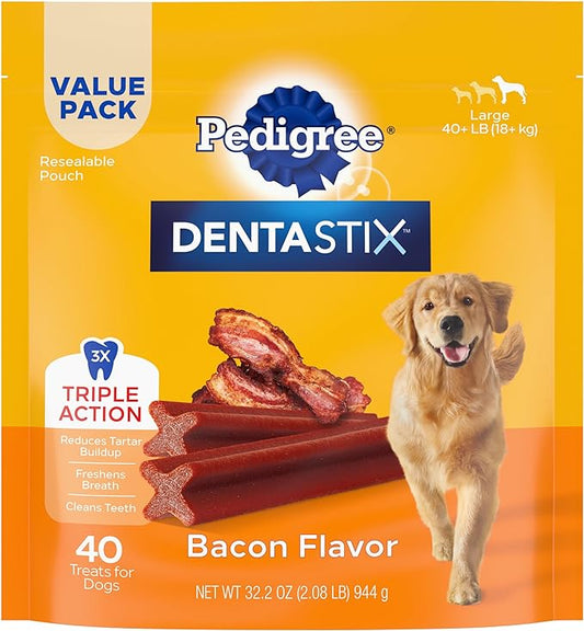Pedigree Dentastix Large Dog Treats, Bacon Flavor, 2.08 lb. Bag (40 Treats)