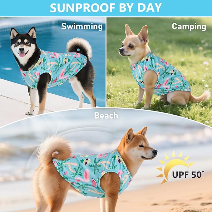 KYEESE 2 Pack Dog Shirts Hawaii Quick Dry Lightweight with Reflective Label Tank Top Sleeveless Vest Great for Summer Cat Clothes Flamingo Pattern Sun Protection, Small