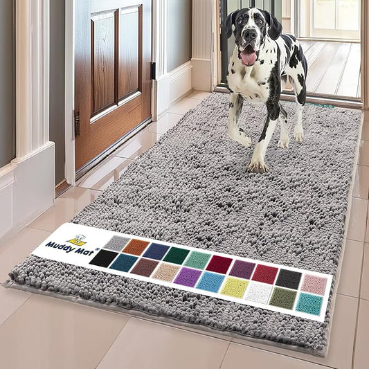 Muddy Mat® Shown on TV – Super Absorbent Microfiber Dog Door Mat for Muddy Paws, Non-Slip Washable Pet Rug, Quick Dry Chenille Entryway Carpet, Machine Washable Indoor Outdoor mat, Grey 59"x35"