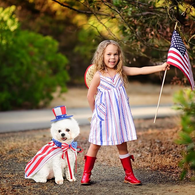 JaGely 3 Pcs Dog 4th of July Outfit Independence Day Costume Set Includes Dog Top Hat, American Flag Bow Tie Collar and American Flag Cape Pet Clothes for Dogs Puppy Cats Kitten(M)
