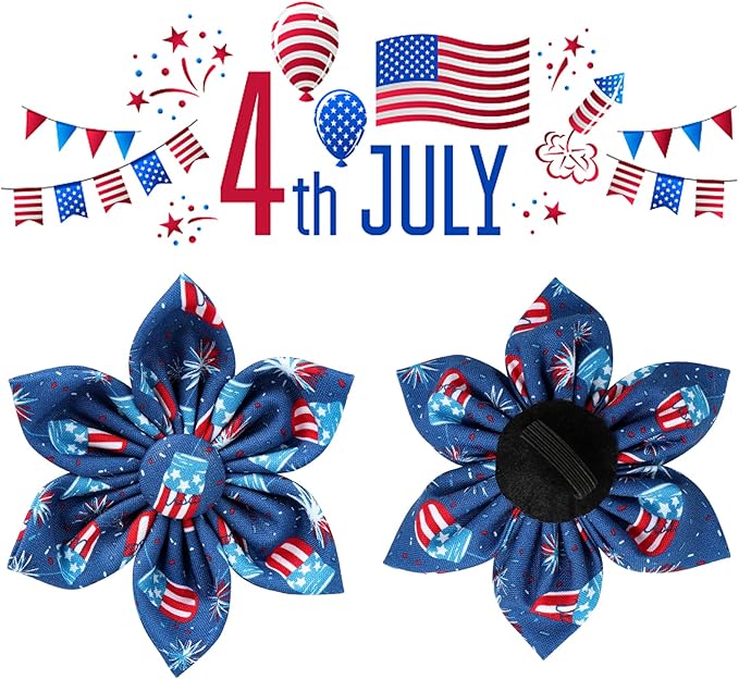 4th of July Dog Collar with Bow Tie, Patriotic Flower Dog Collar, American Flag Collar for X-Large Boy Girl Dog, Comfortable Summer Flower Collar with Metal Buckle, XL