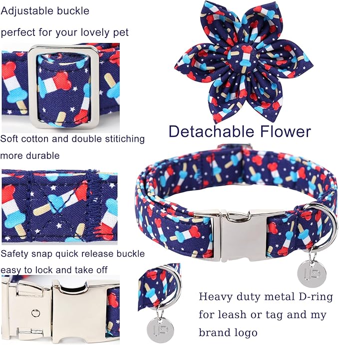 American Flag Dog Collar with Flower, 4th of July Comfortable Cotton Cute Dog Collar with Metal Buckle, Patriotic Flower Collar for Puppy Girl Boy Dog, M