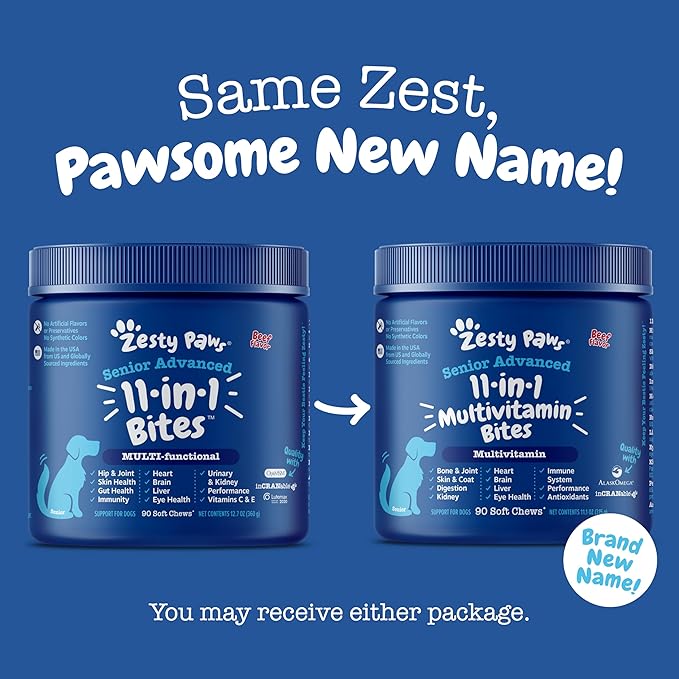 Zesty Paws Senior Dog Multivitamin Treats - Glucosamine for Dogs + Digestive Enzymes & Probiotics - Grain Free Dog Vitamins and Supplements for Skin & Coat + Immune Health Beef - Advanced - 90ct