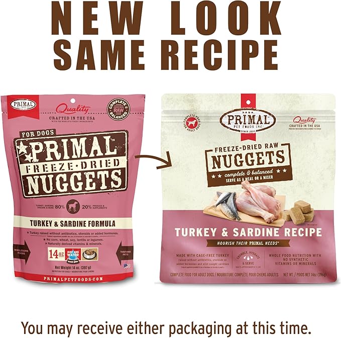 Primal Freeze Dried Raw Dog Food Nuggets, Turkey & Sardine, Complete & Balanced Meal, Also Use as Topper or Treat, Premium, Healthy, Grain Free, High Protein Raw Dog Food, 14 oz (Pack of 2)