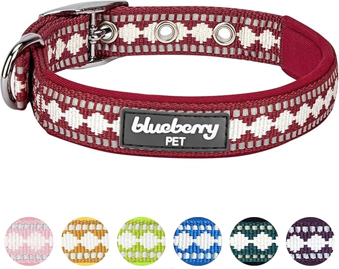 Blueberry Pet Soft & Safe 3M Reflective Jacquard Neoprene Padded Adjustable Dog Collar with Metal Buckle - Marsala Red, Neck 9-12.5", for Small Breed