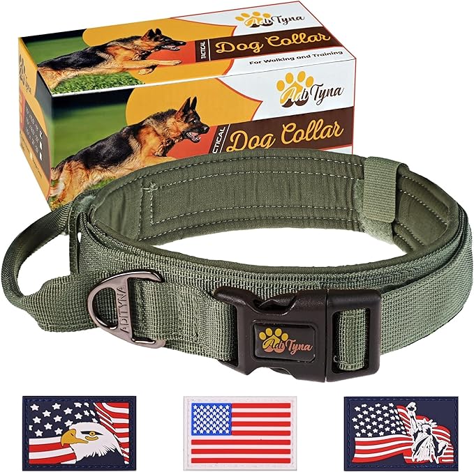 ADITYNA Tactical Dog Collar for Extra-Large Dogs - Soft Padded, Heavy Duty, Adjustable, Military, Big Green Collar with Handle for Training and Walking