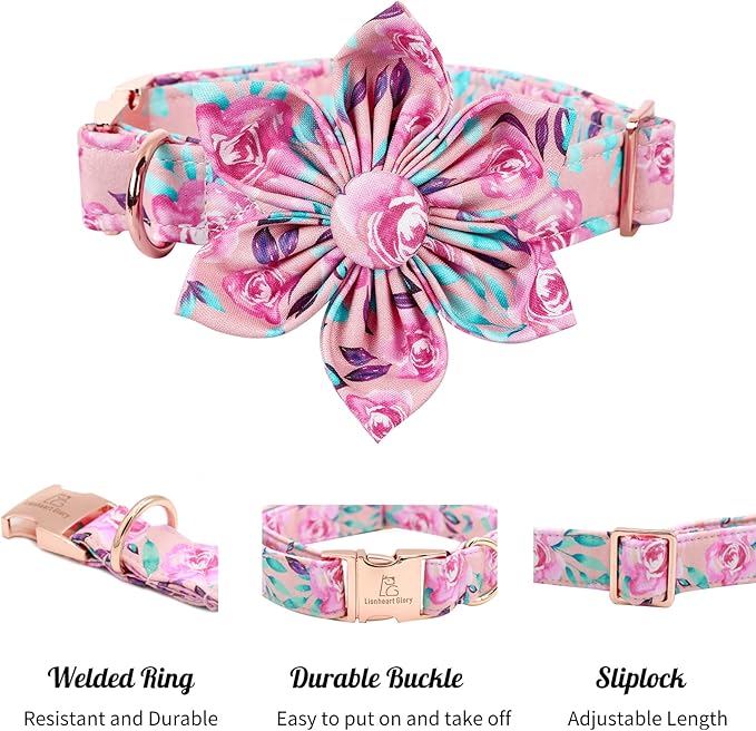 Lionheart Glory Dog Collar, Pink Dog Collar with Flower, Cute Floral Pattern Pet Collar Adjustable Dog Collar for Small Dogs