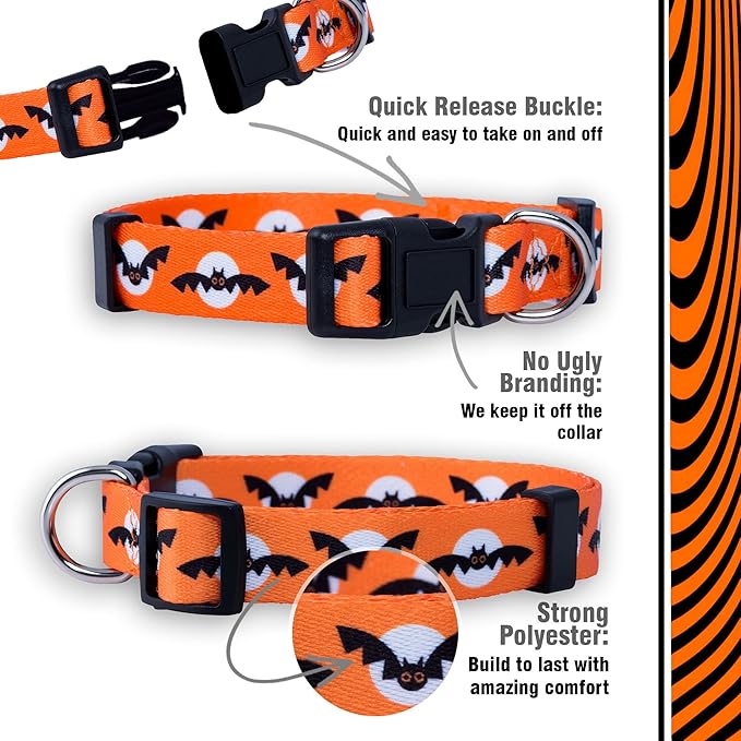 Native Pup Halloween Dog Collar- Spooky Fall Themed Horror Costume Collars- Skull, Pumpkin, Ghost, Bat, Witch, Candy Corn, Spider- Adjustable for Small, Medium, Large Breeds (Medium, Bats and Moon)