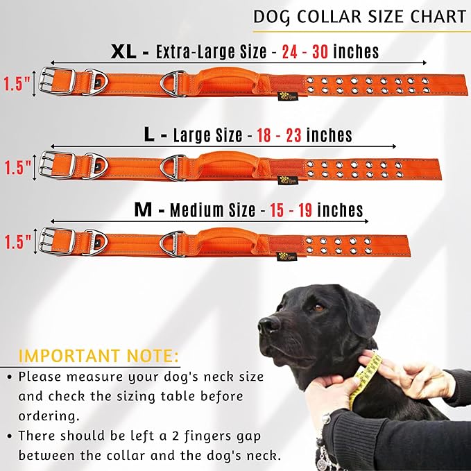 ADITYNA Heavy Duty Dog Collar for Large Dogs - Reflective Orange Collar with Handle for Training, and Walking - Wide, Thick, Tactical, Soft Neoprene Padded