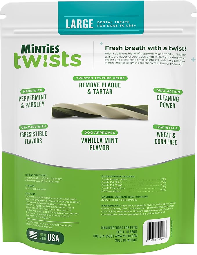 Minties Twists VetIQ Dog Dental Bone Treats, Dental Chews for Medium/Large Dogs (Over 40 Lbs), 40 Count