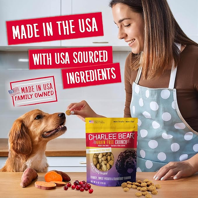 Charlee Bear Dog Training Treats for Small, Medium & Large Breeds, Crunchy Low Calorie Grain Free Dog Treats, USA Made, Three Flavor Variety 6 Pack, 8oz Each