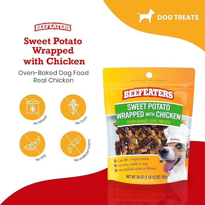 Beefeaters Sweet Potato Wrap with Chicken 28oz – Dog Treat. No Corn, Wheat, Soy or Gluten, Low Fat, Whole Muscle Jerky, Ideal for Training & Snacks