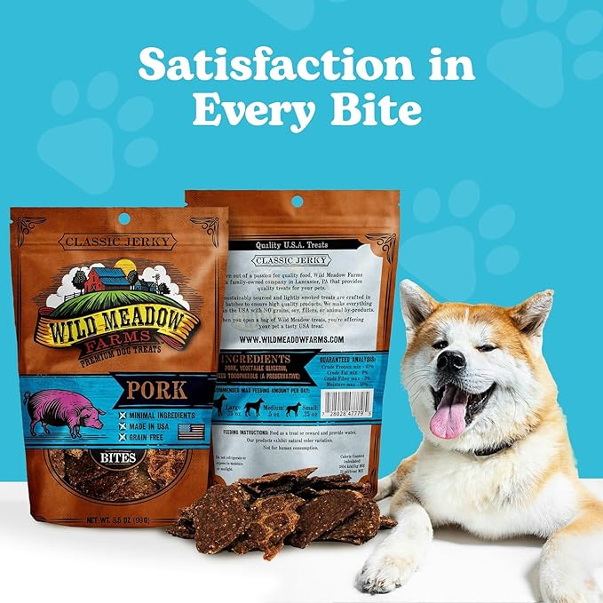 Wild Meadow Farms - Classic Pork Bites, Soft Jerky Treats for Dogs, Grain-Free & All-Natural, Ideal for Training, Portioning, and High-Value Rewards for All Breeds & Ages - 3.5 Ounce Pouch