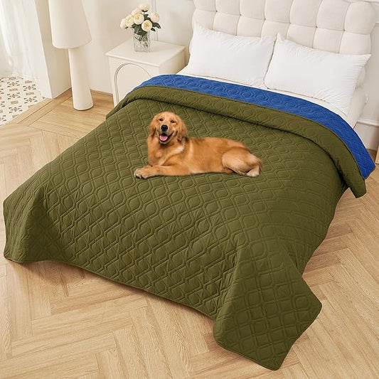 Smiry Waterproof Dog Blanket, 82x82 Inch Soft Pet Bed Cover Reversible, Washable Sofa Couch Furniture Protector for Small Medium Large Dog Puppy Cat, Green/Navy