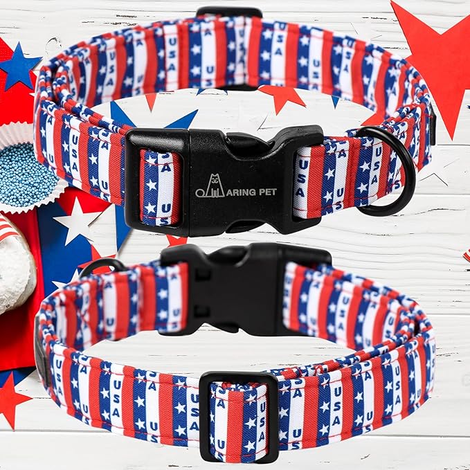 ARING PET 4th of July Dog Collar-Cotton Patriotic Dog Collars, Adjustable USA Flag Puppy Collars with Quick Release Buckle