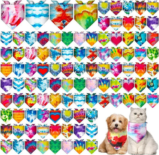 Amylove 120 Pcs Dog Bandanas Bulk Holiday Triangle Dog Pack Puppy Kerchief Bandana Adjustable Pet Scarf for Pet Cat Costume Accessories Decor Summer(Tie Dye)