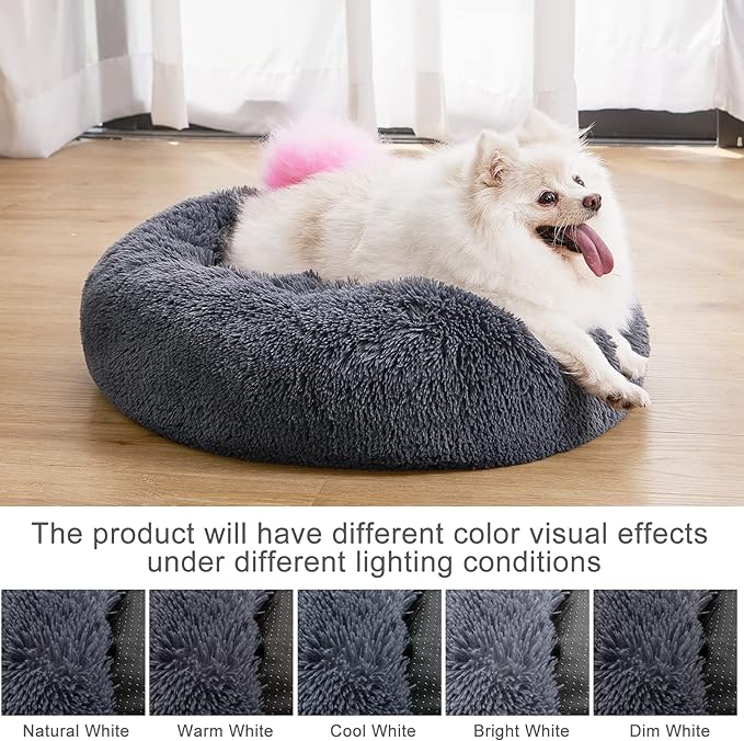 MIXJOY Calming Cat Beds for Indoor Cats, 20'' Kitten Donut Bed for Pet Up to 15lbs, Fluffy Small Cat Cuddler Bed, Anti-Anxiety Plush Faux Fur Large Cat Bed Washable (20'', Grey-Blue)