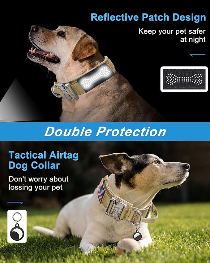 Hotsky Tactical Dog Collar and Leash Set, Heavy Duty Military Airtag Dog Collar with Handle and Metal Buckle for Training and Walking, with Airtag Holder and Two Patches (Brown, XL)