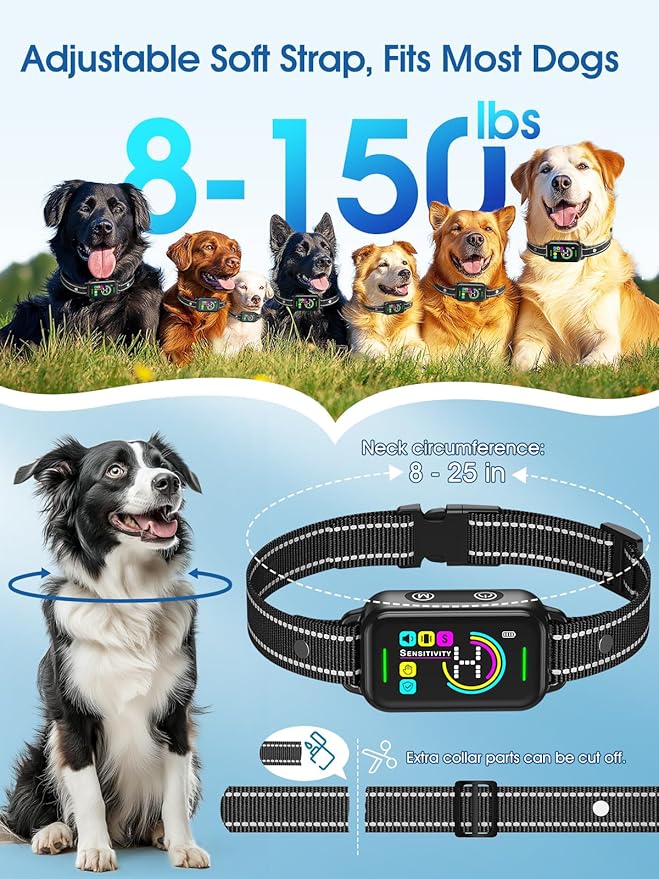 DINJOO Bark Collar, Dog Bark Collar for Large Medium Small Dogs,Smart Bark Collar,Rechargeable Anti Barking Training Collar with 8 Adjustable Sensitivity,Bark Shock Collar with Beep (Dark Black)