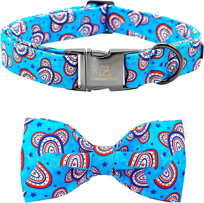 Lionheart glory American Flag Dog Collar, 4 of July Dog Bow Collar Heavy Duty Adjustable Patriotic Dog Collar with Bowtie for Large Dogs Pet Gift