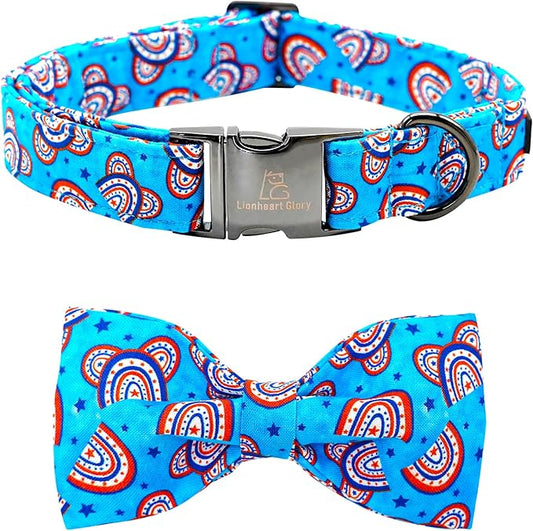 Lionheart glory American Flag Dog Collar, 4 of July Dog Bow Collar Heavy Duty Adjustable Patriotic Dog Collar with Bowtie for Large Dogs Pet Gift