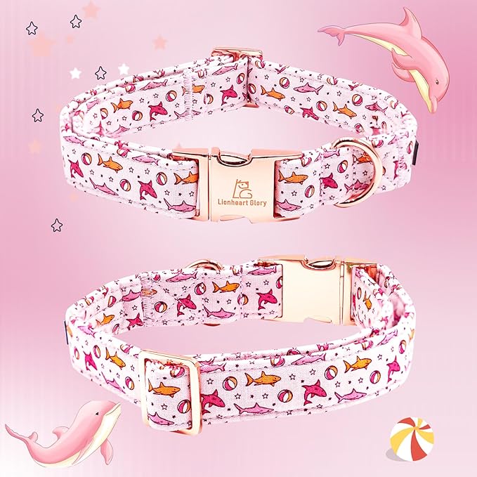 Lionheart Glory Shark Print Pink Collar - Adjustable Soft Dog Collar for Medium Dogs