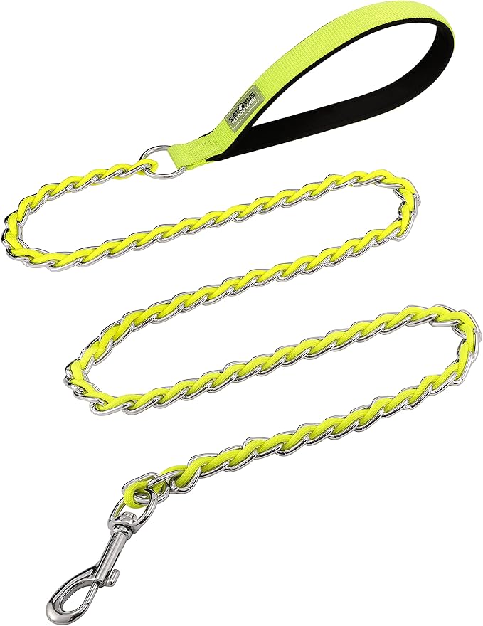 Chew Proof Metal Leash Chain Dog Leash for Medium Large Dogs, Chain Link Dog Leash Anti Chew 5FT Strong Anti Bite Dog Leash Comfortable Soft Padded Handle Yellow