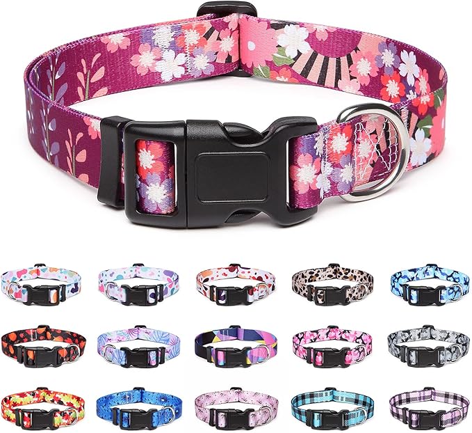Adjustable Dog Collar with Patterns, Ultra Comfy Soft Nylon Breathable Pet Collar for Small Medium Large Dogs (S, Colorful Flower