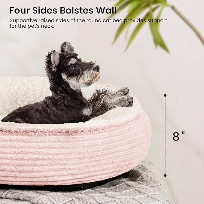 Love's cabin Round Donut Cat and Dog Cushion Bed, 25in Pet Bed for Small or Medium Dogs, Anti-Slip & Water-Resistant Bottom, Soft Durable Fabric Pet Beds, Washable Calming Cat Bed Pink Stripe