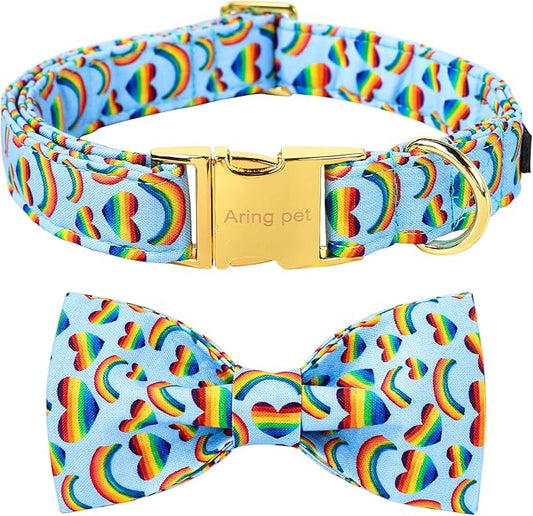 ARING PET LGBTQ Dog Collar, Cotton Rainbow Heart Dog Collar with Bow, Adjustable Pride Dog Collar Bowtie with Metal Buckle for Small Medium Large Dogs