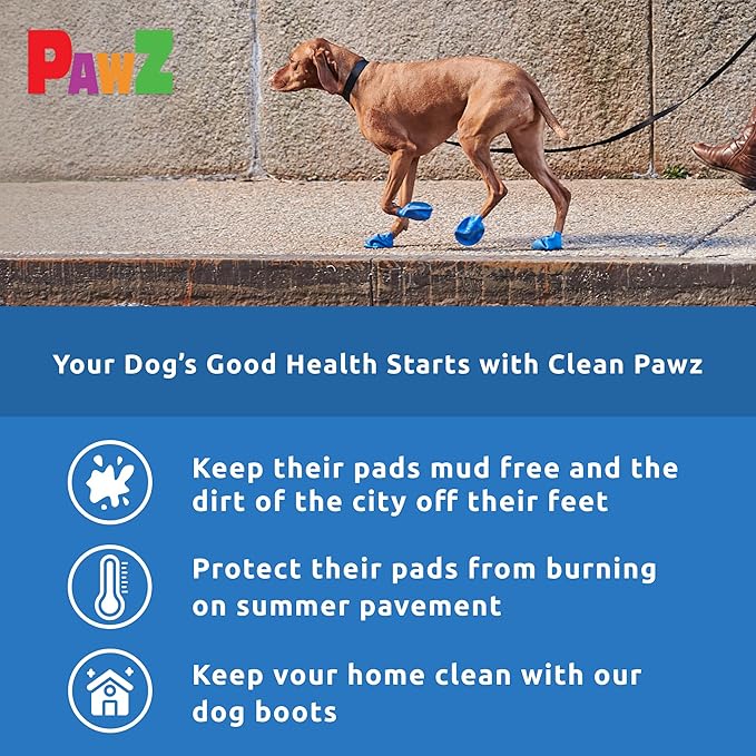 PawZ Rubber Dog Boots for Paws to 3" - All-Weather Dog Booties for Hot Pavement, Sand, Snow, Mud, and Rain - Anti Slip Dog Socks - M, Blue