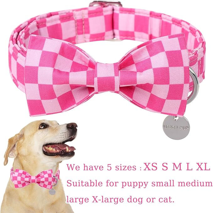 Dog Collar with Bow Tie,Pink Bow Dog Collar with Adjustable Buckle,Cotton Puppy Collar for Small,Medium,Large Dogs
