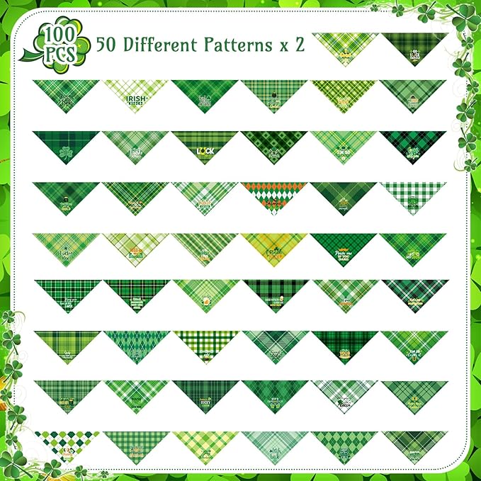 Sweetude 100 Pcs St Patrick's Day Plaid Dog Bandanas Bulk with Sayings Irish Pet Scarf Bibs Adjustable Washable Holiday Costume Accessories Grooming Supplies for Small to Large Cats Dogs