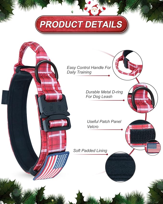 Hotsky Tactical Dog Collar, Adjustable Military Training Nylon Airtag Collar with Handle and Heavy Duty Metal Buckle for Medium Large Dogs, with Airtag Holder and Two Patches(Redplaid,XL)