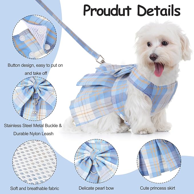 4 Pcs Cute Plaid Dog Dress Set with Bow Tie Harness & Leash for Small Dogs, Puppy Clothes for Girls Summer Outfits(XS,Light Color)