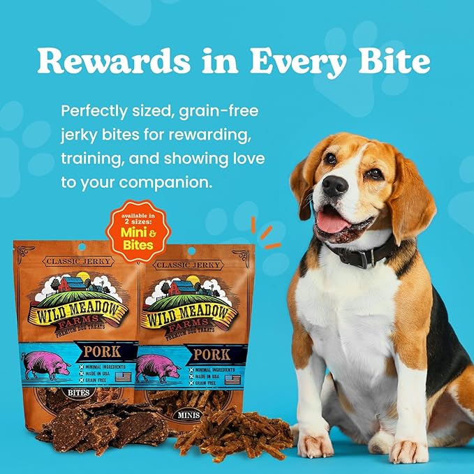 Wild Meadow Farms - Classic Pork Bites, Soft Jerky Treats for Dogs, Grain-Free & All-Natural, Ideal for Training, Portioning, and High-Value Rewards for All Breeds & Ages - 3.5 Ounce Pouch