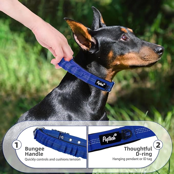PUPTECK Heavy Duty Dog Collar with Handle Bungee for Small Medium Large Dogs, Tactical Dog Training Collar for Easy Control, Reflective Padded Dog Collars for Walking Running, Navy Blue, M