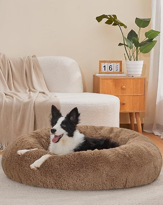 OhGeni Calming Donut Dog Bed Pillow for Large Pets, Machine Washable Removable Cover, Comfort Plush Fluffy Faux Fur with Anti-Slip Bottom, Cats-Friendly Round Cuddly Design, Ocher, 36 inches