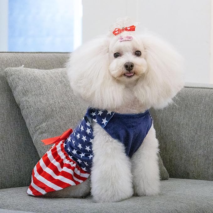 CuteBone Dog Dresses Velvet 4th of July Small Dogs Clothes Onesie Pet Apparel Girl Puppy Skirt with Bow Hair Rope CVA39L-D